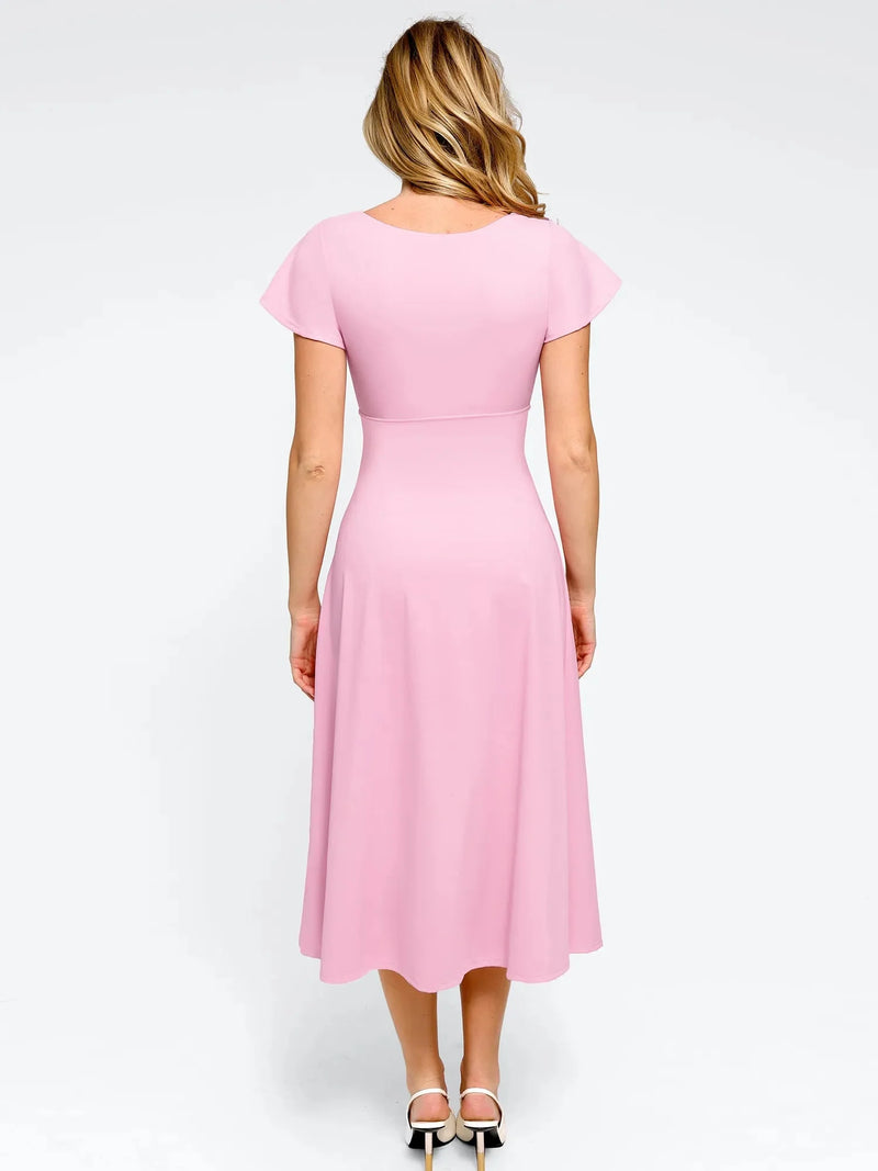 Shapewear Flutter Sleeve Sculpting A-Line Midi Dress