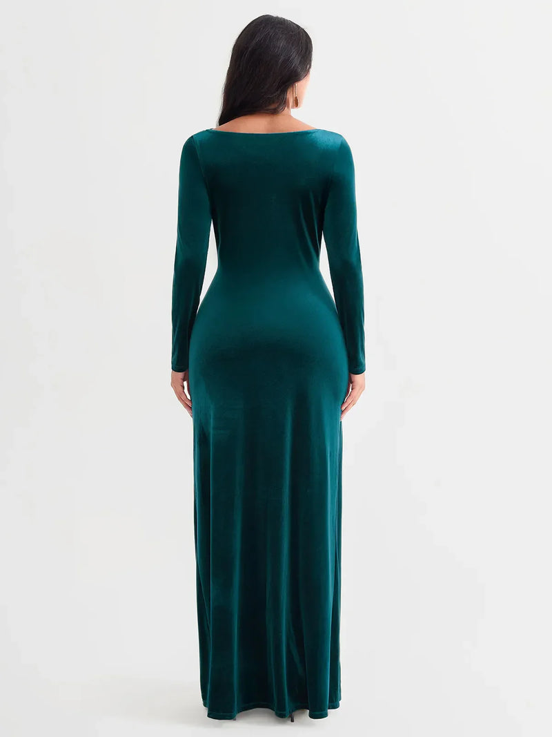 Velvet Draped Long Sleeve Sculpting Column Gown