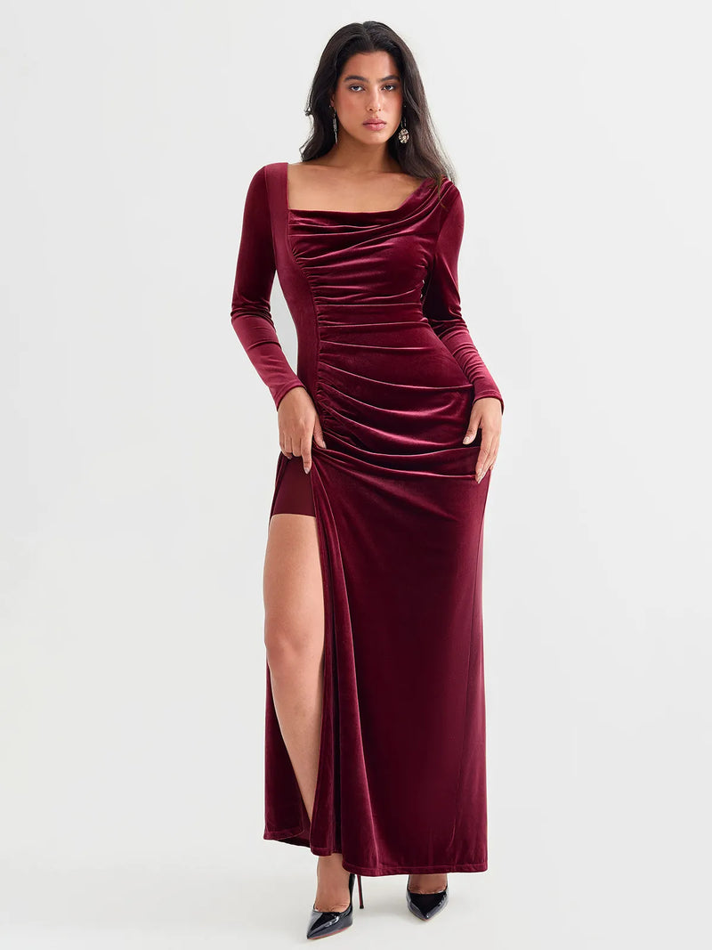 Velvet Draped Long Sleeve Sculpting Column Gown