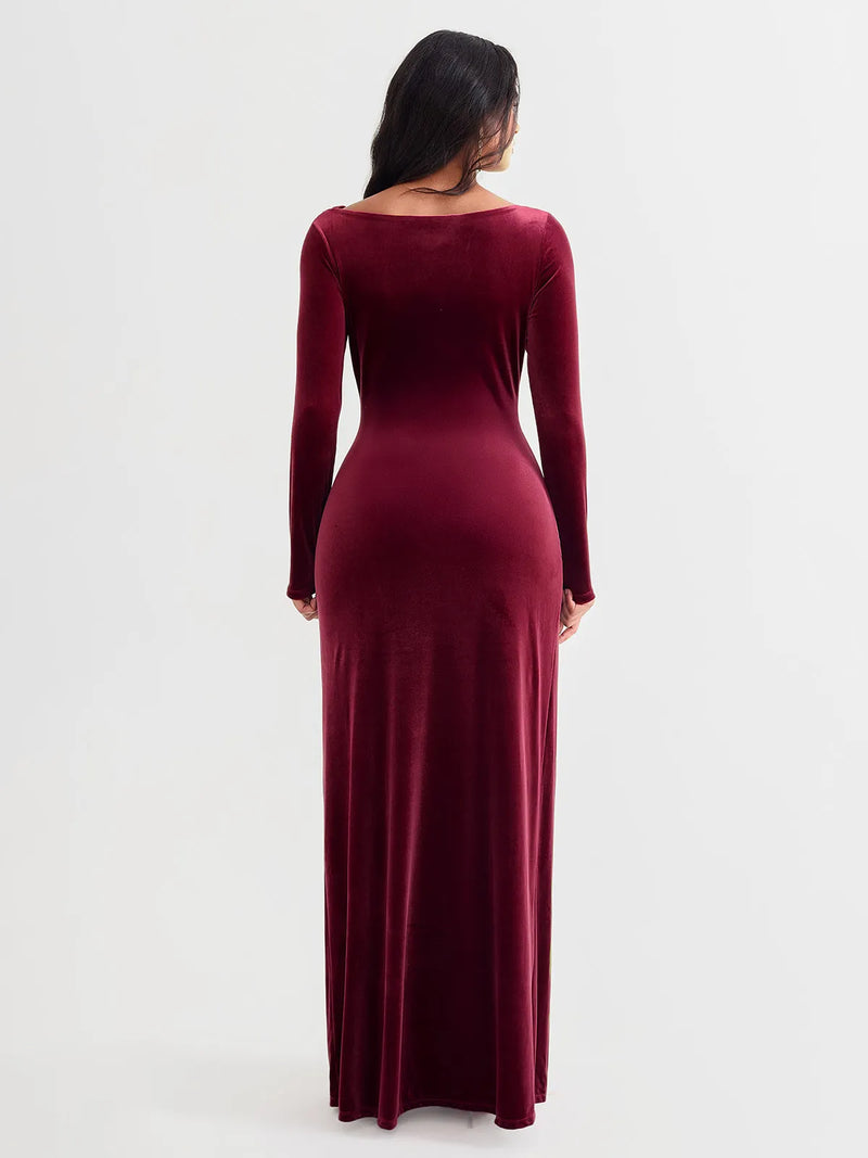 Velvet Draped Long Sleeve Sculpting Column Gown