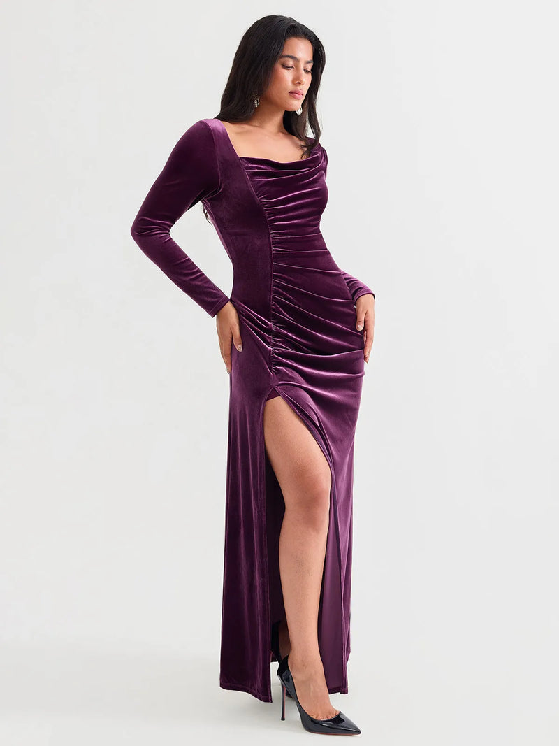 Velvet Draped Long Sleeve Sculpting Column Gown