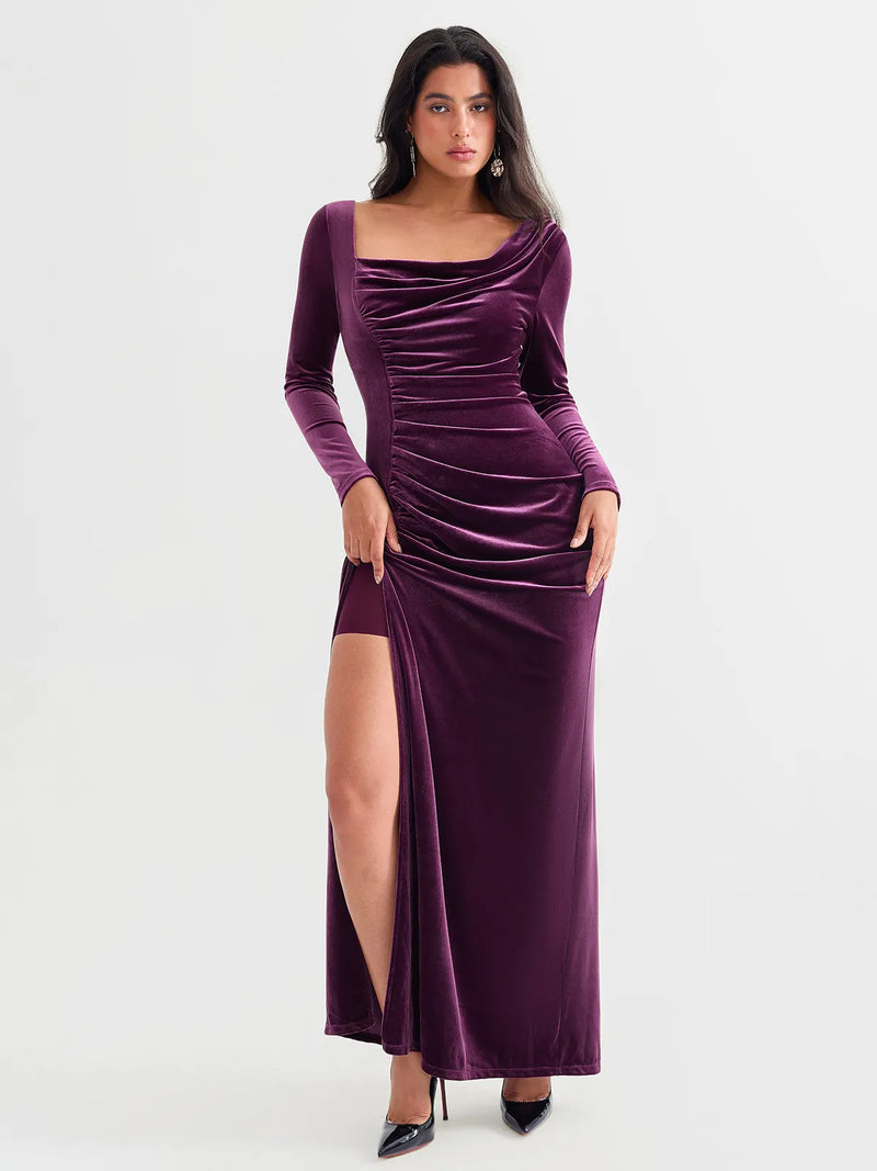 Velvet Draped Long Sleeve Sculpting Column Gown