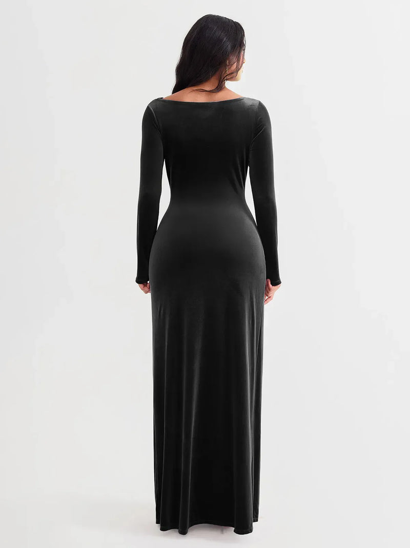 Velvet Draped Long Sleeve Sculpting Column Gown