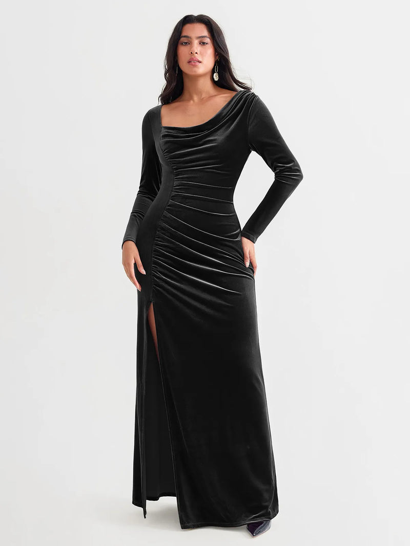 Velvet Draped Long Sleeve Sculpting Column Gown