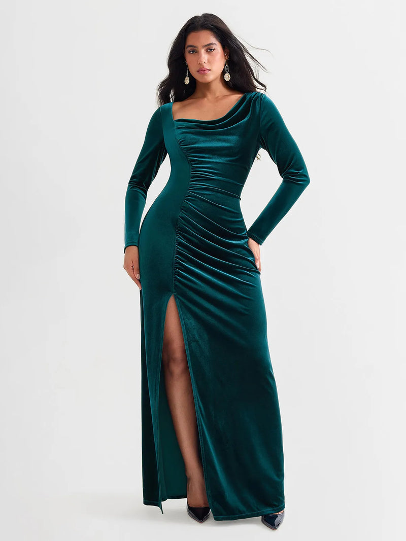 Velvet Draped Long Sleeve Sculpting Column Gown