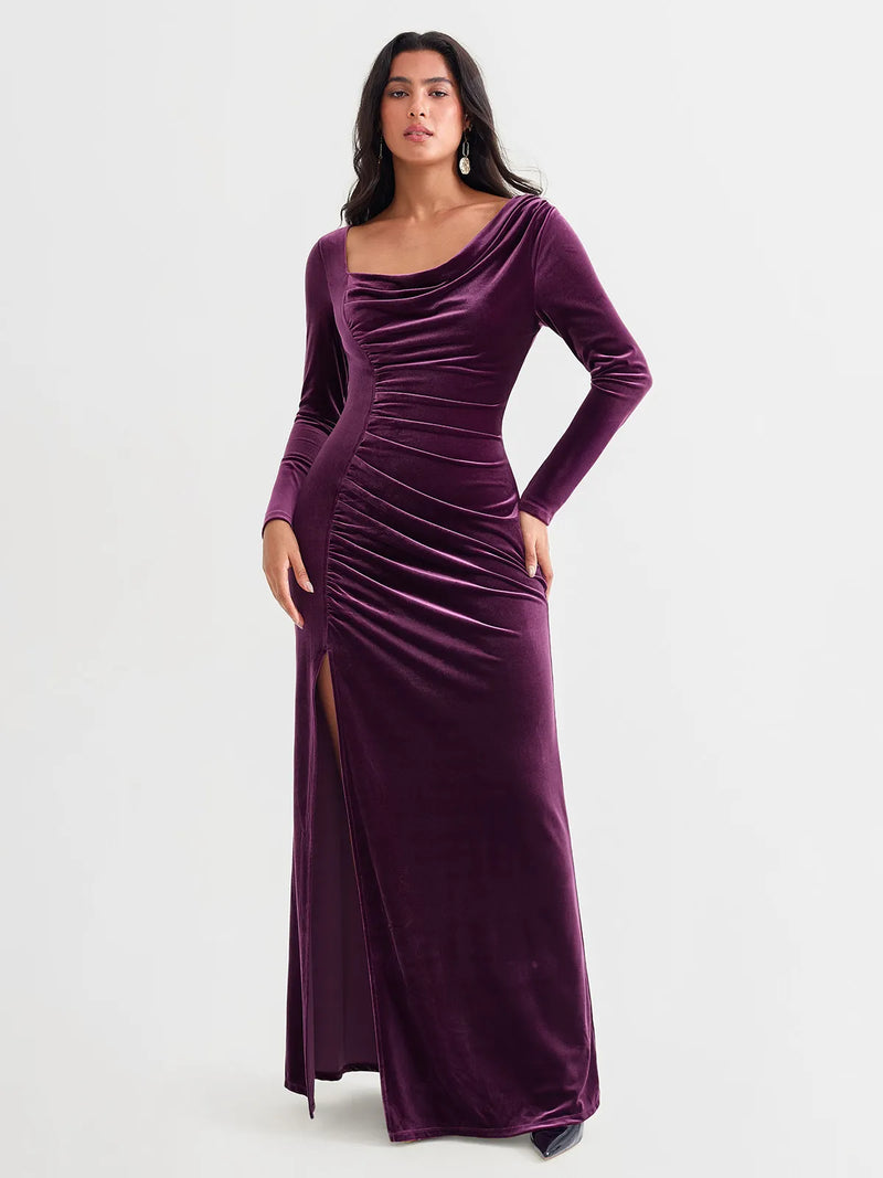 Velvet Draped Long Sleeve Sculpting Column Gown