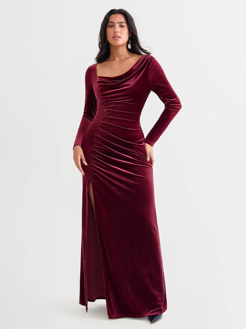 Velvet Draped Long Sleeve Sculpting Column Gown