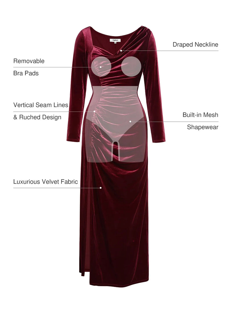 Velvet Draped Long Sleeve Sculpting Column Gown