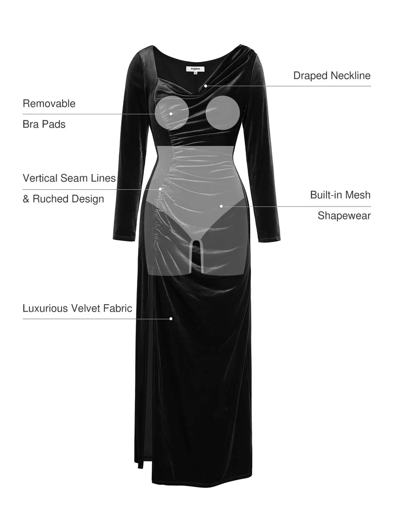 Velvet Draped Long Sleeve Sculpting Column Gown