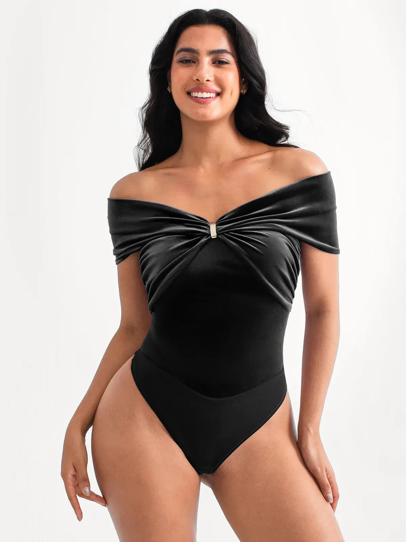 Velvet Twist Front Off-The Shoulder Sculpting Bodysuit